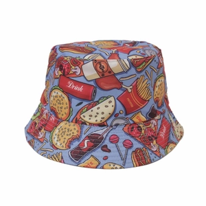 Light blue reversible bucket hat with all-over fast food print for summer sun protection