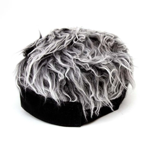 Detailed view of the fuzzy black and grey synthetic hair texture on the novelty wig cap