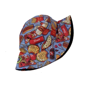 Double-sided sun hat with light blue cartoon fast food prints and black inner lining