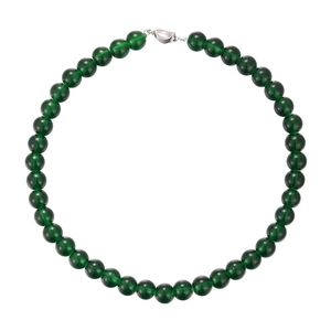 Elegant green beaded necklace with silver buckle closure on white background