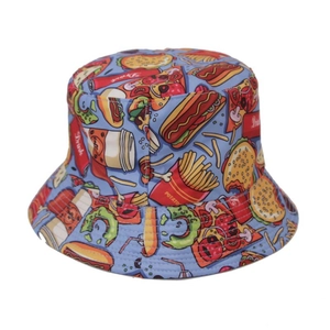Detail of light blue bucket hat featuring vibrant fast food burger and fries print