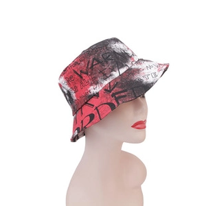 Detail of red and black graffiti bucket hat featuring the WARNING text on cotton canvas