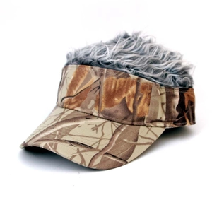 Detail of camouflage visor hat with creative gray faux hair wig and adjustable strap