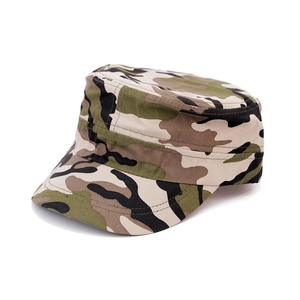 Close-up of double-stitched reinforced seams on woodland camouflage canvas cadet cap