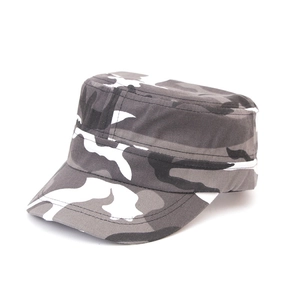 Detailed 45-degree angle view of camouflage flat top cadet hat with twill fabric