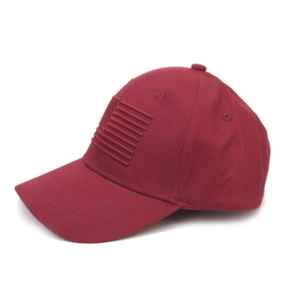 Burgundy baseball cap with American flag embroidery in a 45-degree angle view