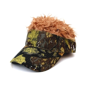 Unisex camouflage baseball cap with funny brown wig hair accessory for parties