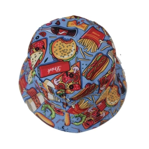 Detail view of a blue bucket hat featuring vibrant fast food patterns like burgers and fries