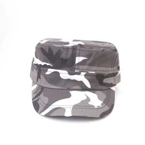 Macro detail of camouflage flat top patrol cap showing durable grey and white canvas texture