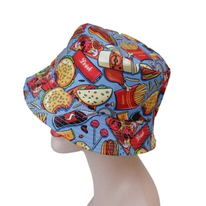 Women's light blue reversible bucket hat with colorful fast food cartoon prints