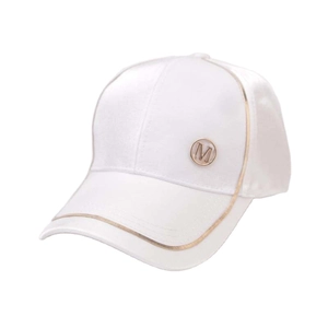 Elegant white satin baseball cap with gold trim and a metallic M logo for outdoor fashion