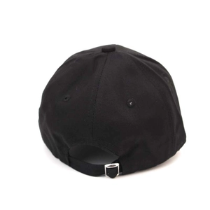 Rear view of black cotton baseball cap with American flag embroidery and adjustable strap