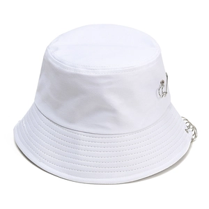 White cotton bucket hat with silver metal rings and pin for street style fashion