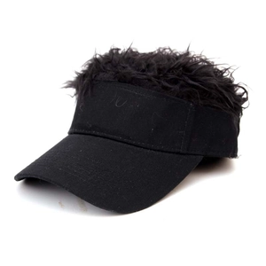 Detail view of the visor cap with black synthetic wig hair and cotton brim design