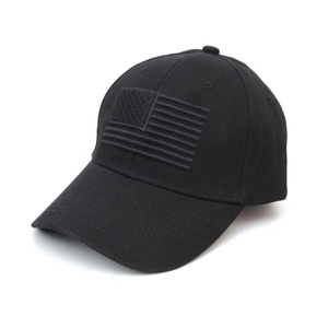 Close-up of tactical black American flag embroidery on black cotton twill baseball cap