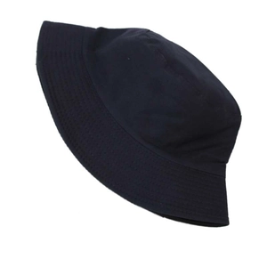 Detail of minimalist black cotton bucket hat showing parallel decorative brim stitching