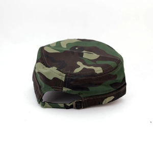 Detail view of the adjustable metal buckle and camouflage pattern on the army cap back