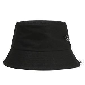 Classic black cotton bucket hat with silver metal ring accents on a plain white background