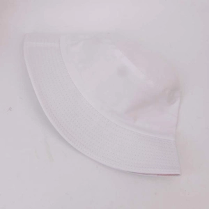 Detailed view of white cotton bucket hat with durable stitched brim and lavender lining