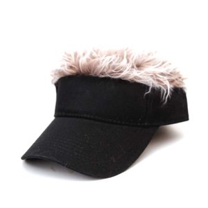 Detail showing high-density synthetic brown wig hair sewn onto a black sun visor cap