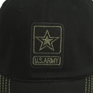 Detail of black cotton baseball cap with U.S. ARMY embroidery and green stitched brim