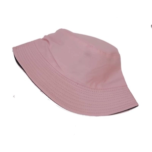 Detail view of pink bucket hat featuring reinforced brim stitching and double-sided design