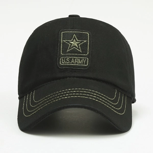 Detail of black cotton US Army baseball cap with star patch and green contrast stitching