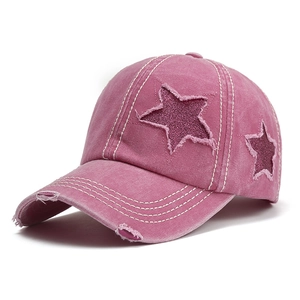 Women Washed Distressed Star Baseball Cap Adjustable Retro Cotton Sun Hat With Sequin Pentagram Patch Ponytail Hole Cap