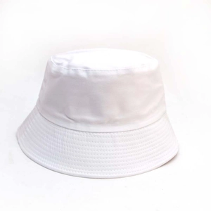 Detail of white cotton bucket hat featuring multi-row brim stitching and dome design