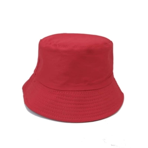 Detail of red cotton bucket hat showing parallel stitching on brim and durable fabric