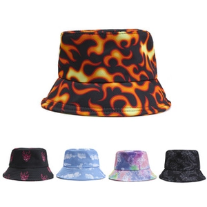 Detailed grid showing diverse trendy flame and tie-dye patterns on bucket hats