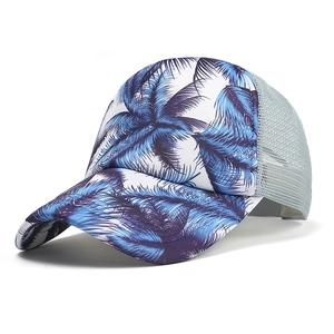 Cappellino trucker per adulti con stampa di palme blu e rete grigia traspirante