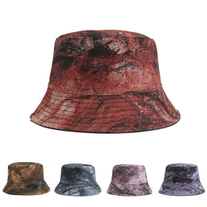 Detail showing five different marble pattern color options for the bucket sun hat