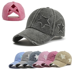 Distressed star patchwork baseball cap for high pony with multi-color options shown