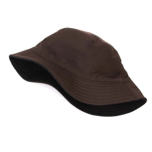Detail of dark brown bucket hat featuring reinforced stitching and twill cotton texture