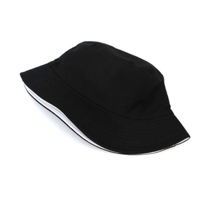 Close-up of black fisherman hat with reinforced stitching on the brim and white lining