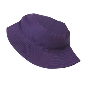 Detail view of deep purple bucket hat with dense stitching on brim and thick cotton fabric