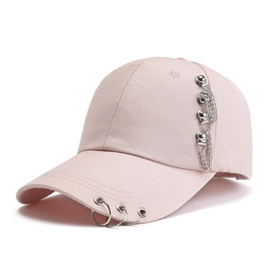 Pink cotton baseball cap with silver metal rings and hanging chain streetwear style
