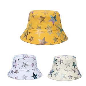 Three bucket hats with star prints in yellow and white canvas displayed on white background