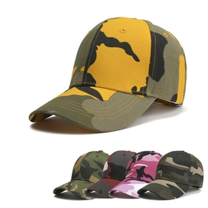 Detail showing five tie-dye camouflage baseball caps with mesh design for sun protection