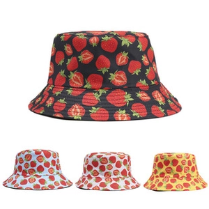 Detail showing four color options of sun hats with cute strawberry print pattern