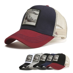 Detail of crocodile embroidery patch on breathable mesh tie-dye baseball cap