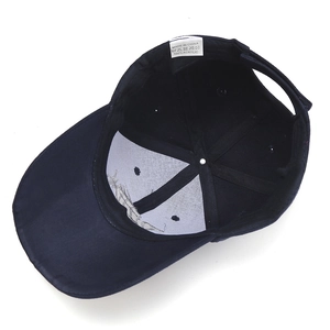 Inside view of a navy blue 3D fish embroidery baseball cap showing internal seams and label