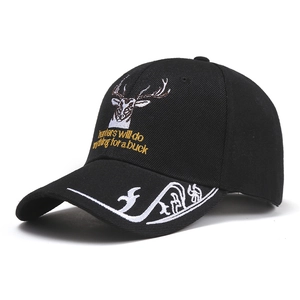 Close-up of deer embroidery and hunters will do anything for a buck text on baseball cap
