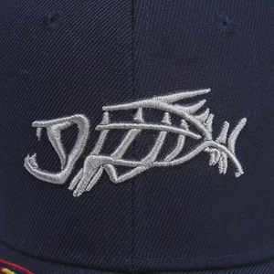 3D fish bone embroidery baseball cap in navy blue with high-density silver stitching detail