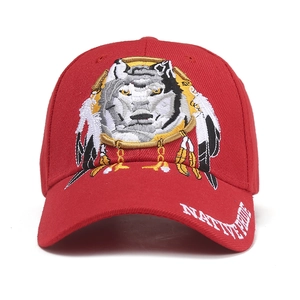 Red cotton baseball cap with wolf head embroidery and Native Pride text on the brim
