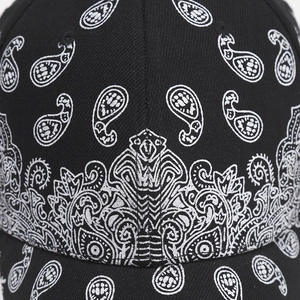 Close-up detail of black and white paisley print on cotton twill baseball cap fabric