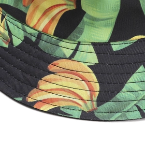 Detailed close-up of tropical banana print bucket hat with reinforced brim stitching