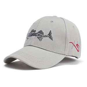 Detail view of light grey baseball cap featuring premium fishbone and side embroidery