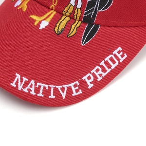 Detail of red baseball cap brim with Native Pride embroidery and feather totem designs